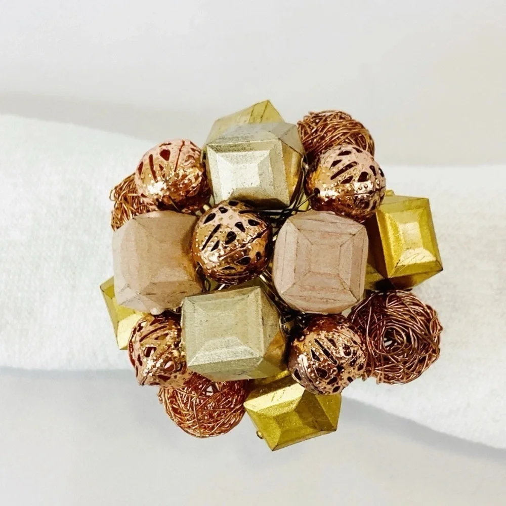 Set of 6 Pier 1 Beaded Floral Brown Gold Peach Napkin Rings